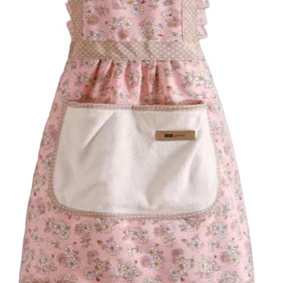 Apron Bib Sweet Vintage Retro Vibe Pockets Waist Tie Floral Polka Dot Pink Tan - Picture 7 of 14